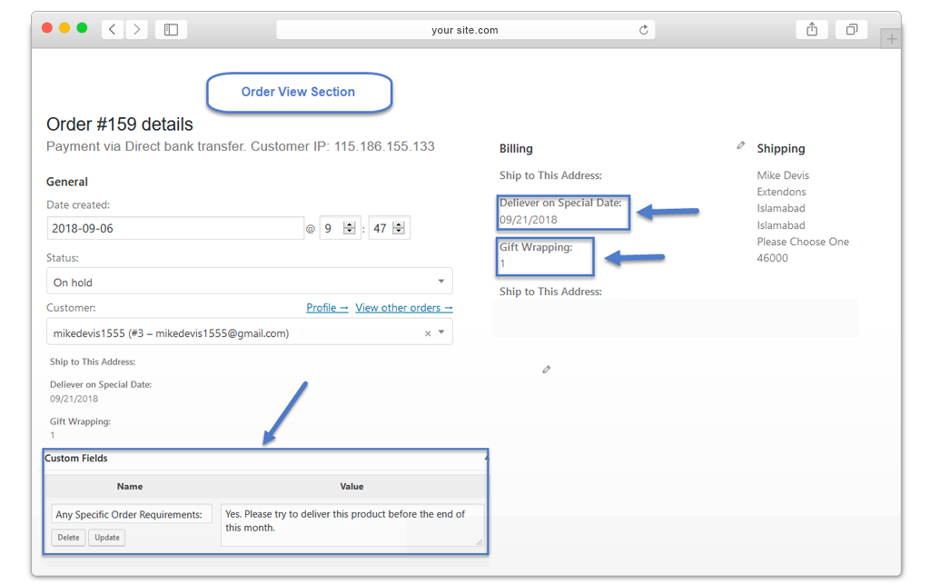 Extra Fields are Displayed in Order Detail Page