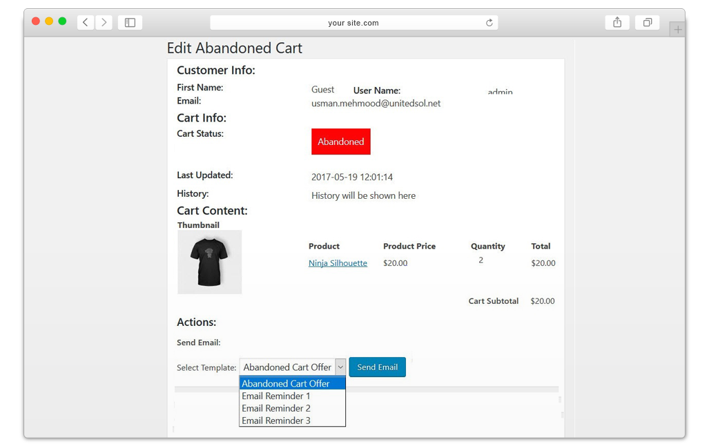 WooCommerce Abandoned Cart manual email sending option