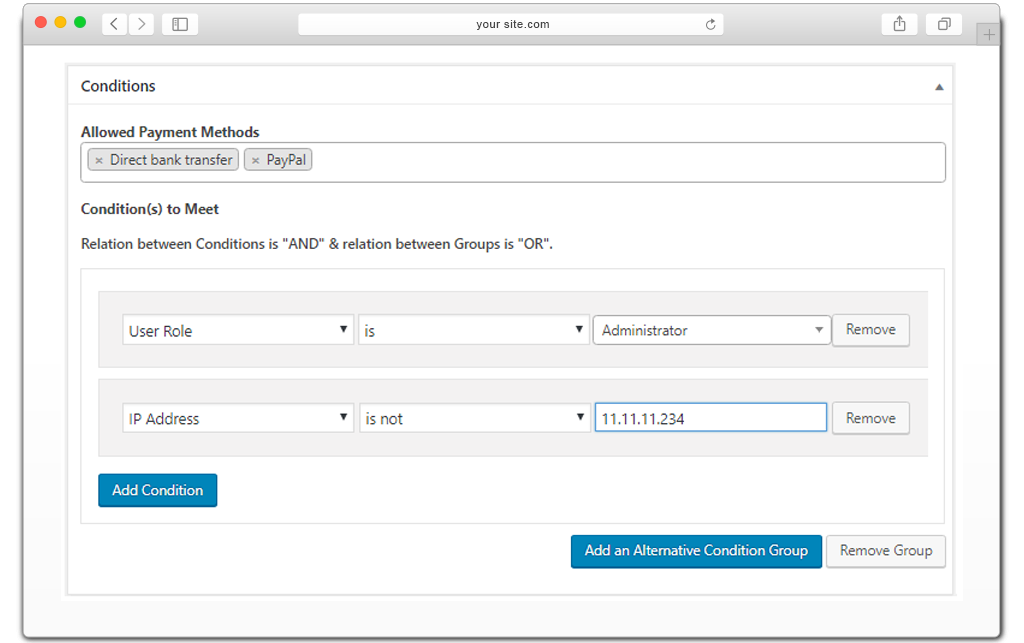 WooCommerce payment conditions - user roles