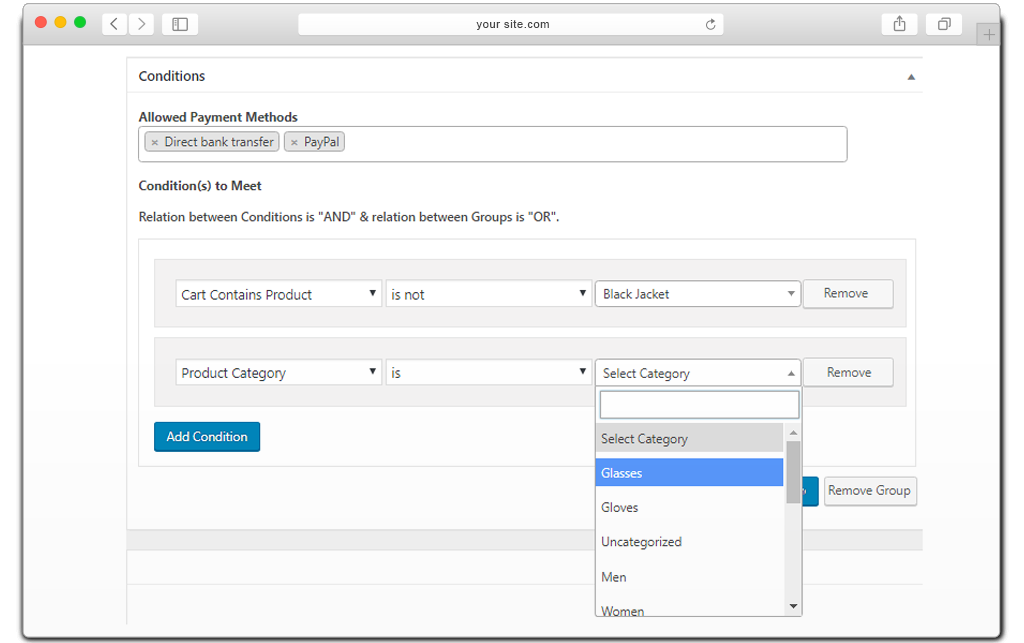 WooCommerce payment conditions - product & categroies