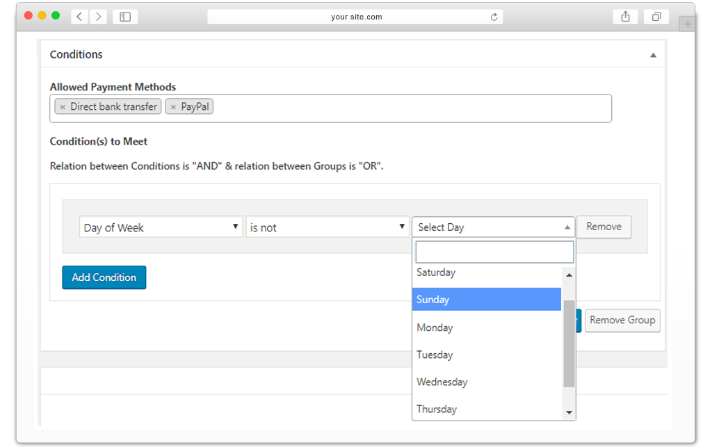 WooCommerce payment conditions - weekdays