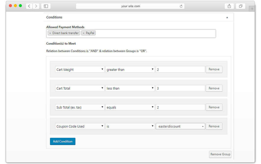 WooCommerce payment conditions - Cart