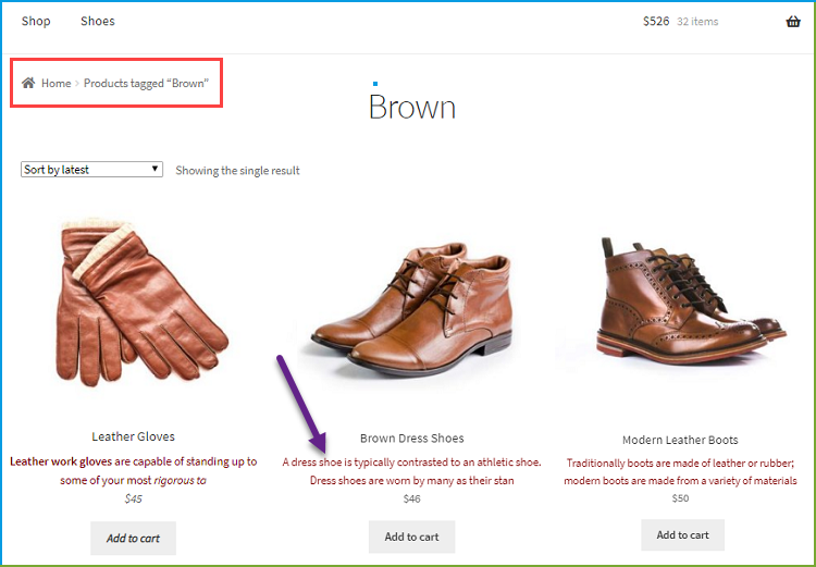 WooCommerce product description - tag page