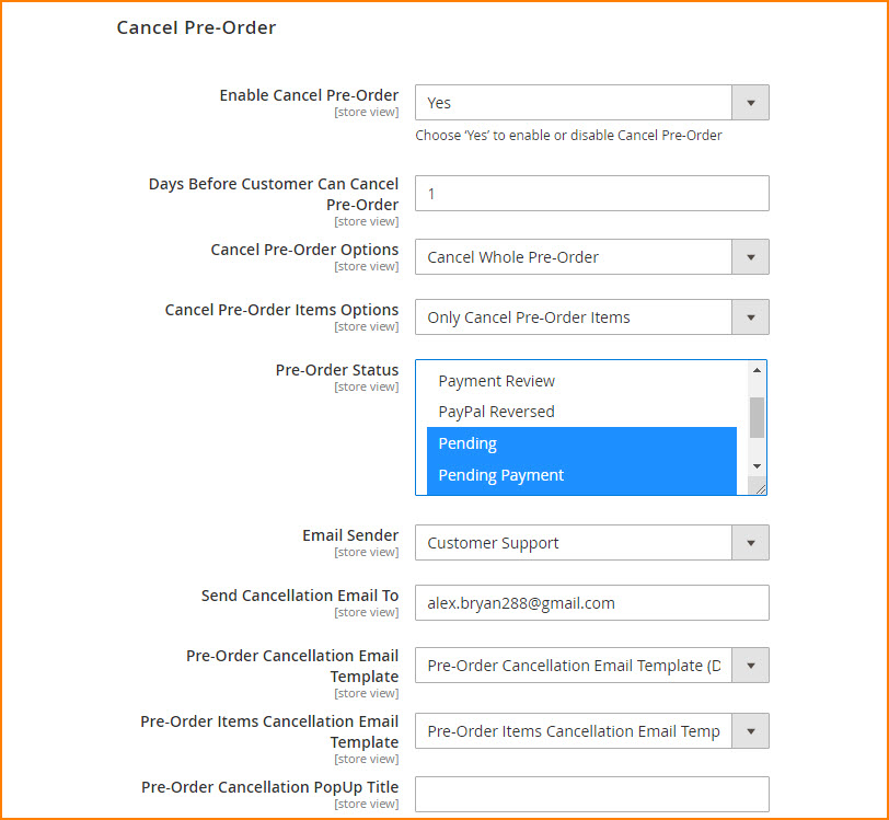 Cancel Pre Order Settings