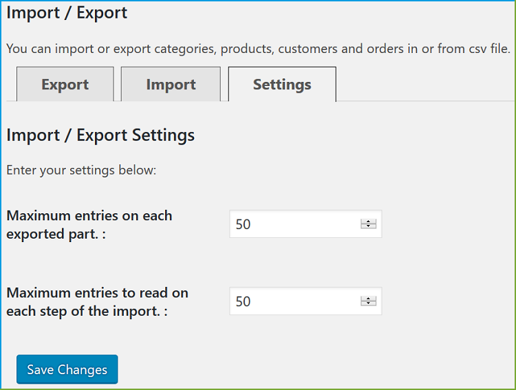Define a limit by setting Maximum Entries to Import or Export