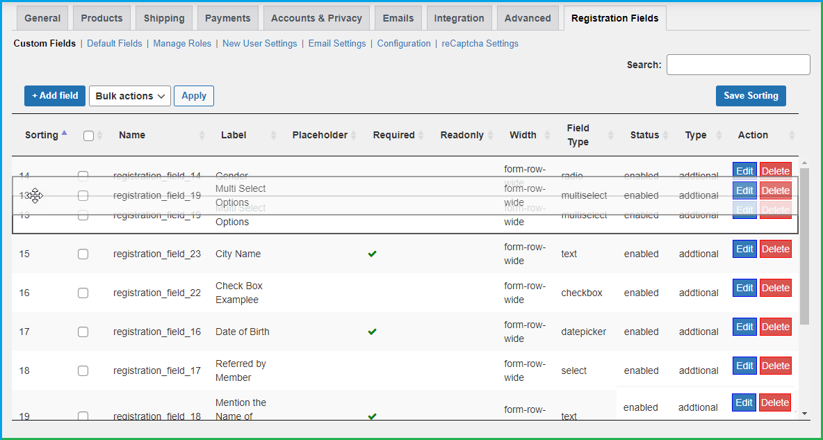 Drag & Drop to add new Registration Fields