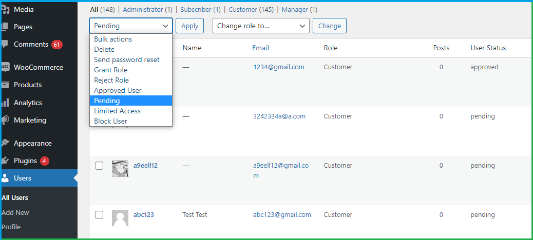 Limited Access - WooCommerce registration fields - Manage Users
