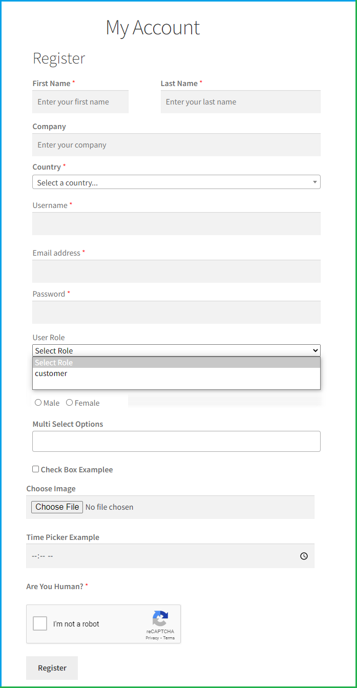 Custom Role -WooCommerce Registration Fields - Enable User Roles