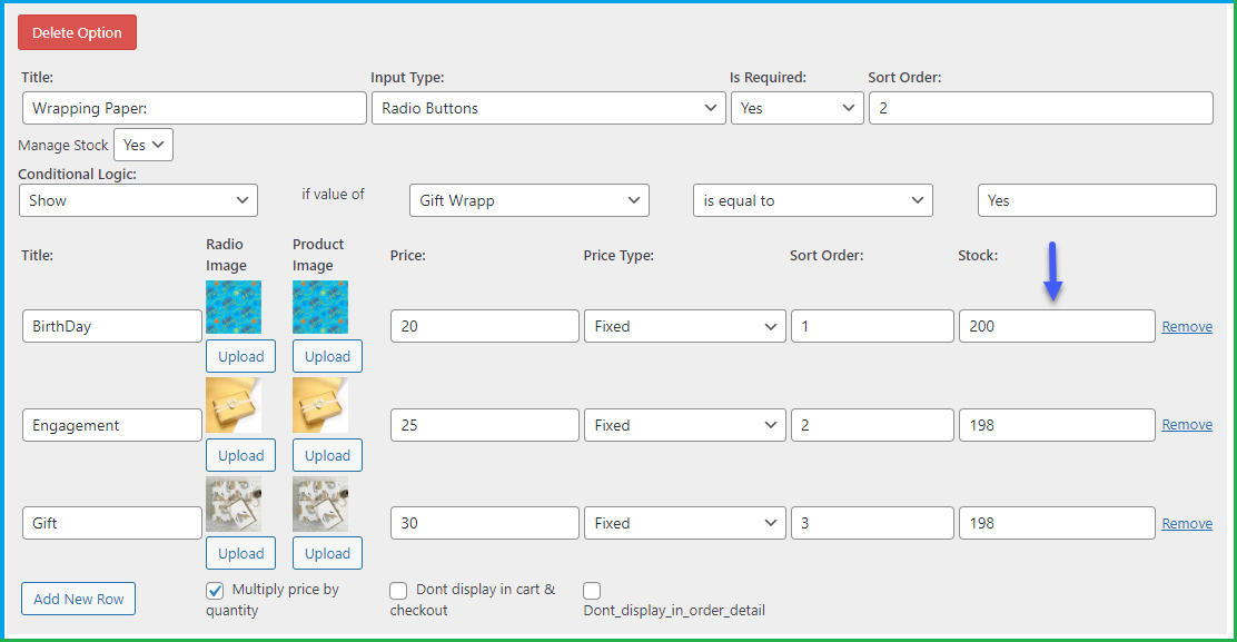 manage stock of product options