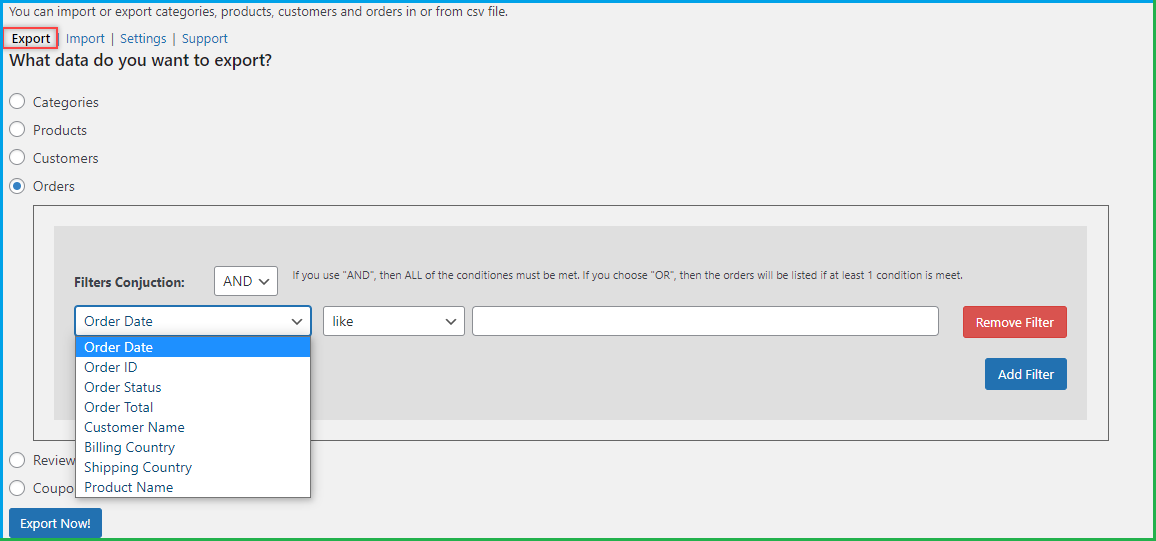 Export Orders With Respect to its Attributes