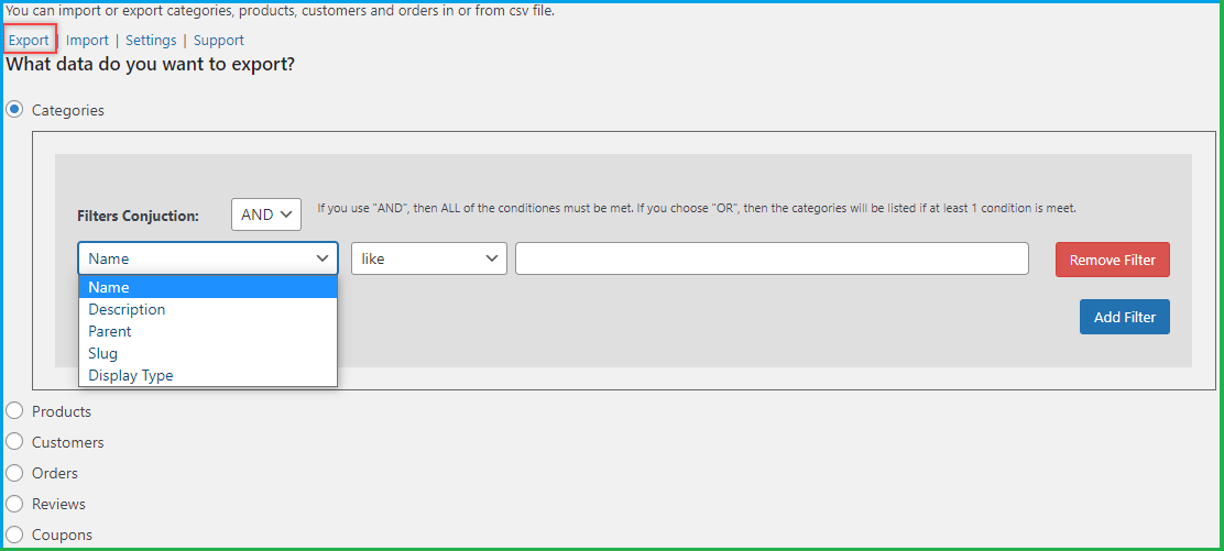 Extract All or Specific Categories with Export Filters