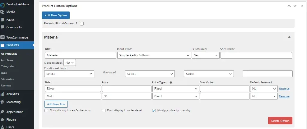 Addons product level settings