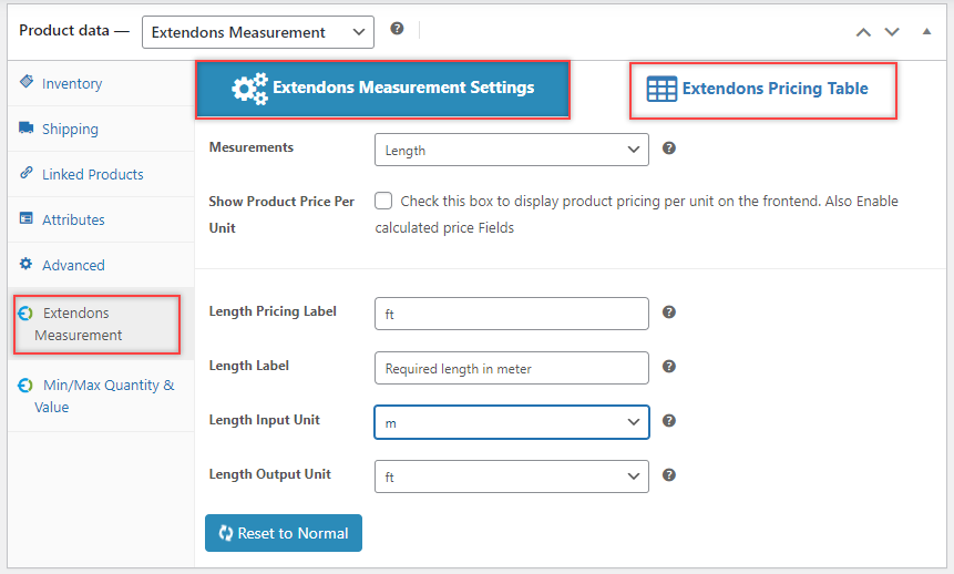 Extendons Measurement Settings