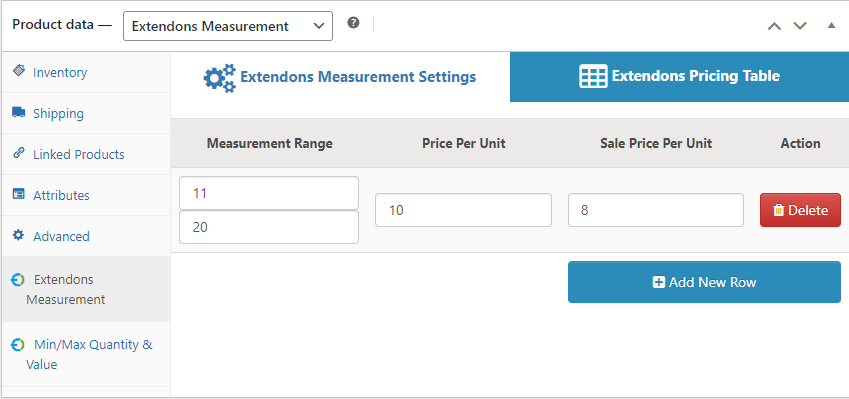 Measurement price calculator Table